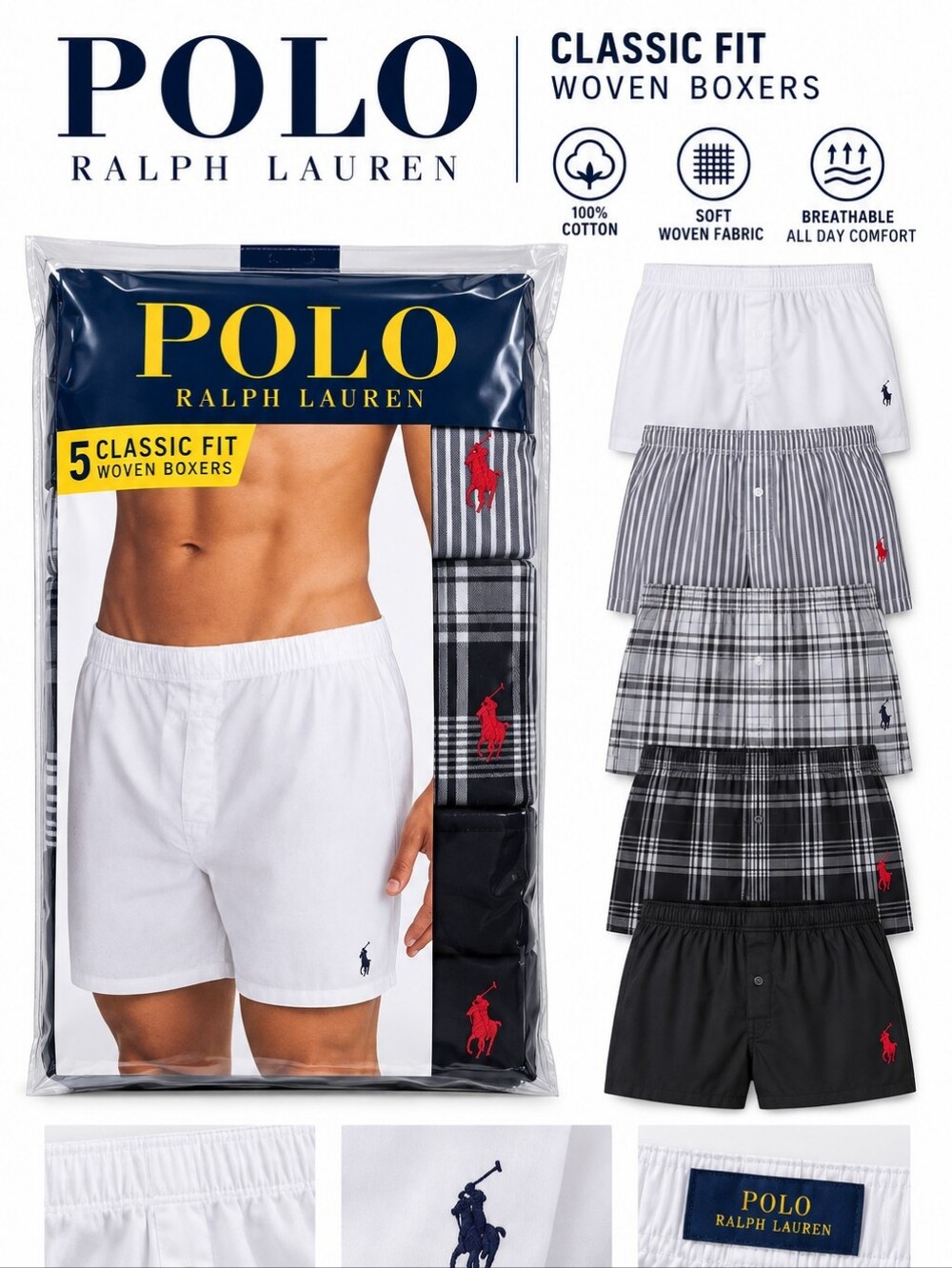 Polo by Ralph Lauren Classic Fit Woven Boxers - 5 Pack